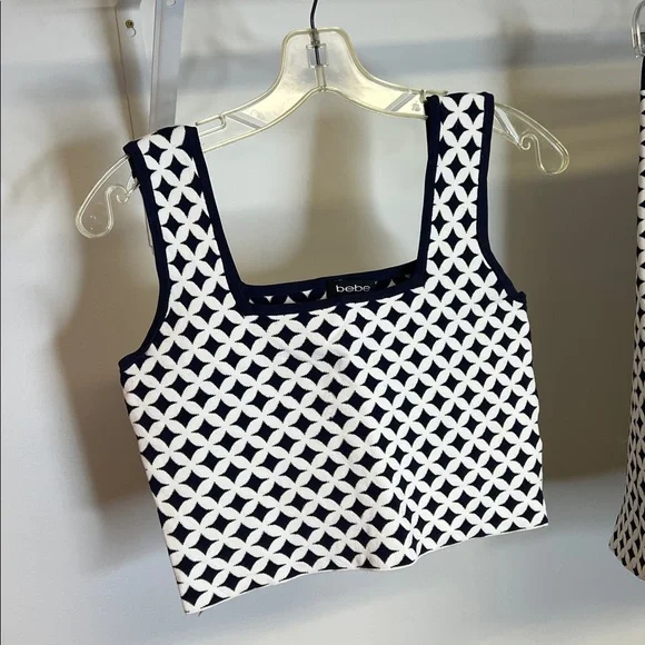 Bebe Navy and White Patterned Crop Top‎ & Matching Skirt Set- M - Picture 2 of 10